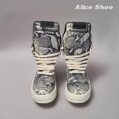 Brand Men Ankle Boot Casual Leather High Top Women Sneaker Python-Embossed Flat Luxury Trainer Designer Platform Grey Flat Shoe
