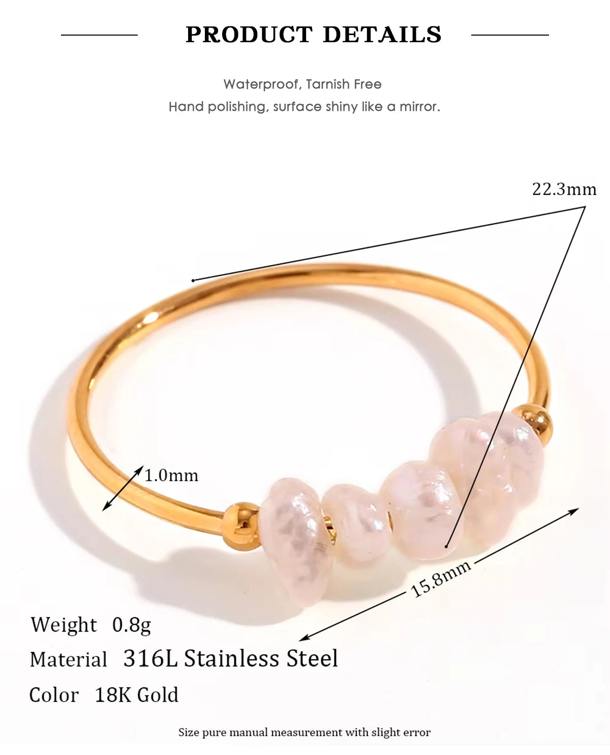 E.B.belle Gold Plated Stainless Steel Freshwater Pearls Rings For Women Accesorios Para Mujer Bagues Acier Inoxydables Femmes