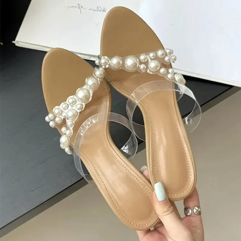 Luxury Brand Design String Bead PVC Transparent Slippers Women Summer High Heels Sandalias Fashion Open Toe Party Slide Sandals