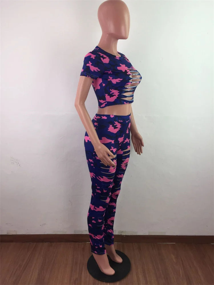 Wmstar Women Two Piece Set Summer Sexy Sport Fashion Casual Ripped Sweatshirt Sweat Camouflage Print Pant Sets Outfit Tracksuit