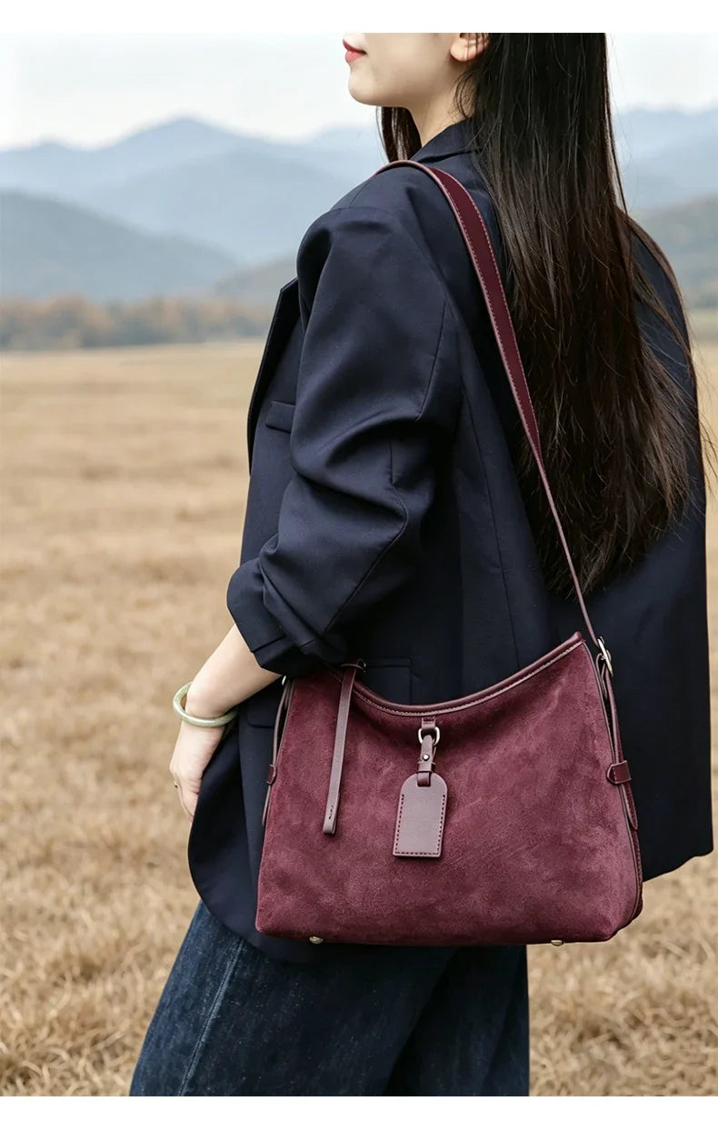 Winter Women's Natural Suede Leather Classic Underarm Bag Female Soft Cowhide Durable Handbags Ladies Luxury Designer Bags