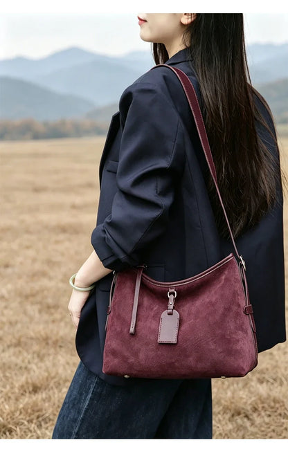 Winter Women's Natural Suede Leather Classic Underarm Bag Female Soft Cowhide Durable Handbags Ladies Luxury Designer Bags
