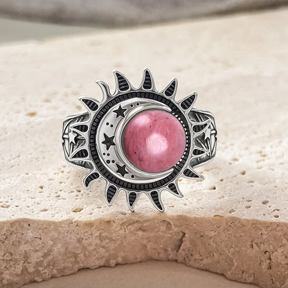 925 Sterling Silver Natural Moonstone Ring 8MM Bohemian Star Sun Moon Shape Ring Gothic Punk Style Party Gift for Women Men