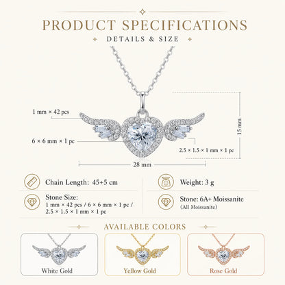 Angel Wings Heart Moissanite Pendant Necklace Baguette Cut S925 Sterling Silver D Color VVS1 GRA Certified Gift for Women