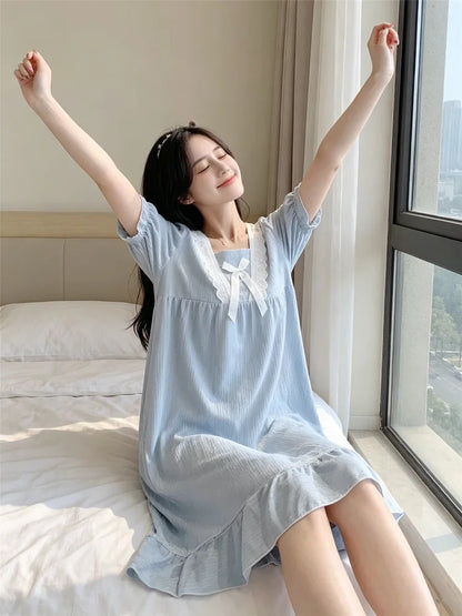 Summer Pajamas Dresses Sleepwear Sweet Korean Style Night Dress Women Nightgown Short Sleeve Lingerie Lace Patchwork Nightie