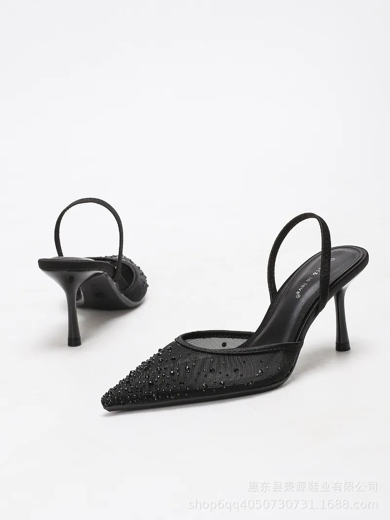 Rhinestone Luxury Heeled Sandals Women Shiny Mesh Mules Shoe Breathable Pointed Toe Pumps Women Elegant High Heels Wedding Shoes