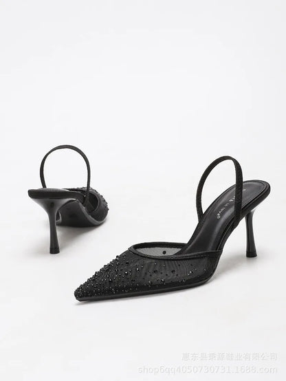 Rhinestone Luxury Heeled Sandals Women Shiny Mesh Mules Shoe Breathable Pointed Toe Pumps Women Elegant High Heels Wedding Shoes