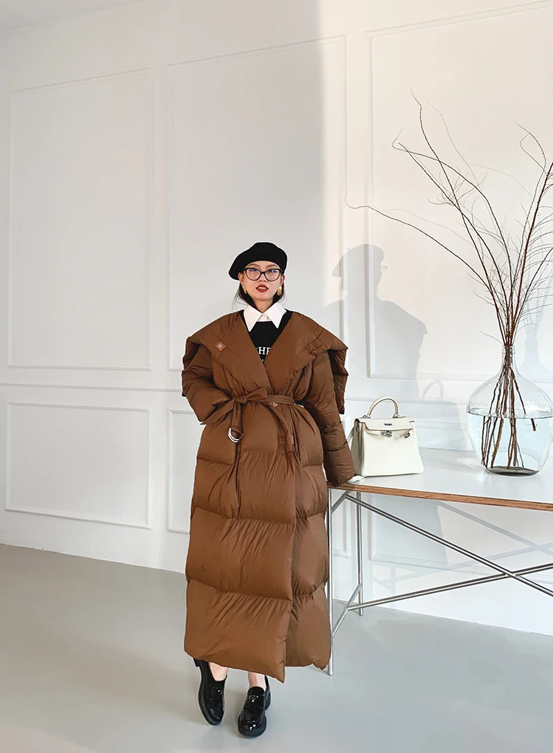 High end Ultra long White goose down Jacket For women Winter 2025 New Fashion Down Coat Female Thicken Parka Overcoat with belt