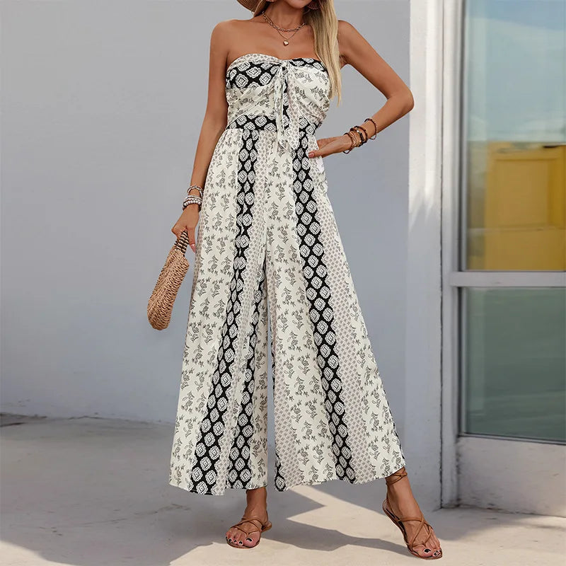 Cotton Rayon Floral Printed Sexy Strapless Jumpsuit Women Casual Bow Boho Beach Summer One Piece Women's Jumpsuits Bohemian