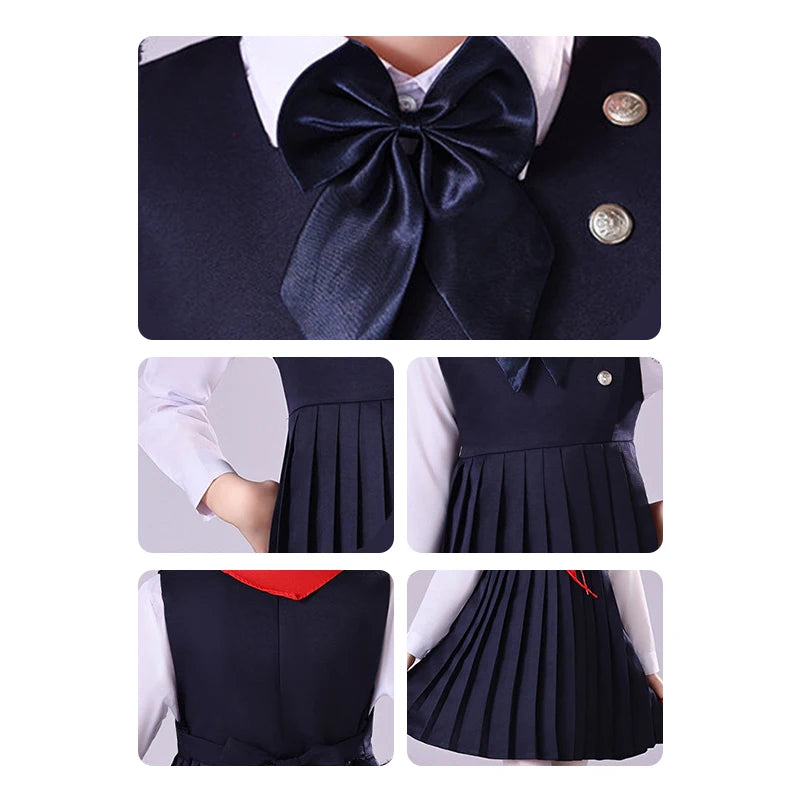 Girls Preppy Style Pleated Jumper Dress Headdress + Bow Tie Pants Suit Children Choir Poetry Performance Fashion School Uniform