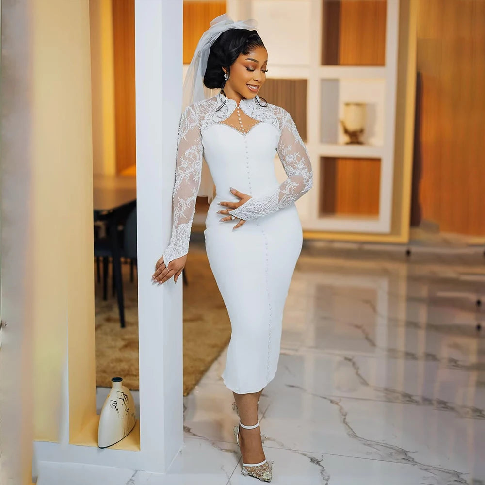 Elegant Africa Wedding Dresses for Bride Long Sleeves Midi Length Courthouse Civil Bridal Gowns Laca Sheath Dress Customized