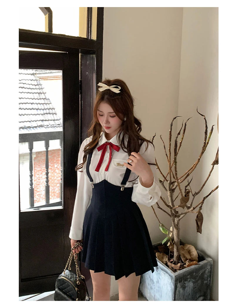 Spring 2025 Preppy Style American Uniform Set Girls Short Suit Coat Long Sleeve White Shirt Slim High Waist Pleated Skirt Navy