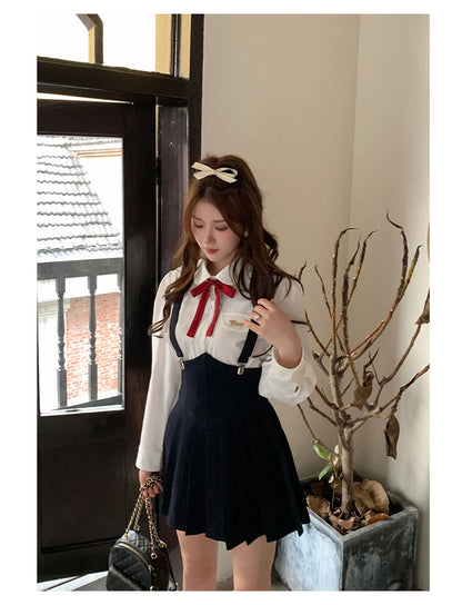Spring 2025 Preppy Style American Uniform Set Girls Short Suit Coat Long Sleeve White Shirt Slim High Waist Pleated Skirt Navy