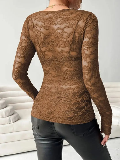 Women Lace V Neck Long Sleeve Sheer Mesh Floral Lace Top Slim Fit See Through Bodycon Jumpsuit for Party Clubwear Daily Wear