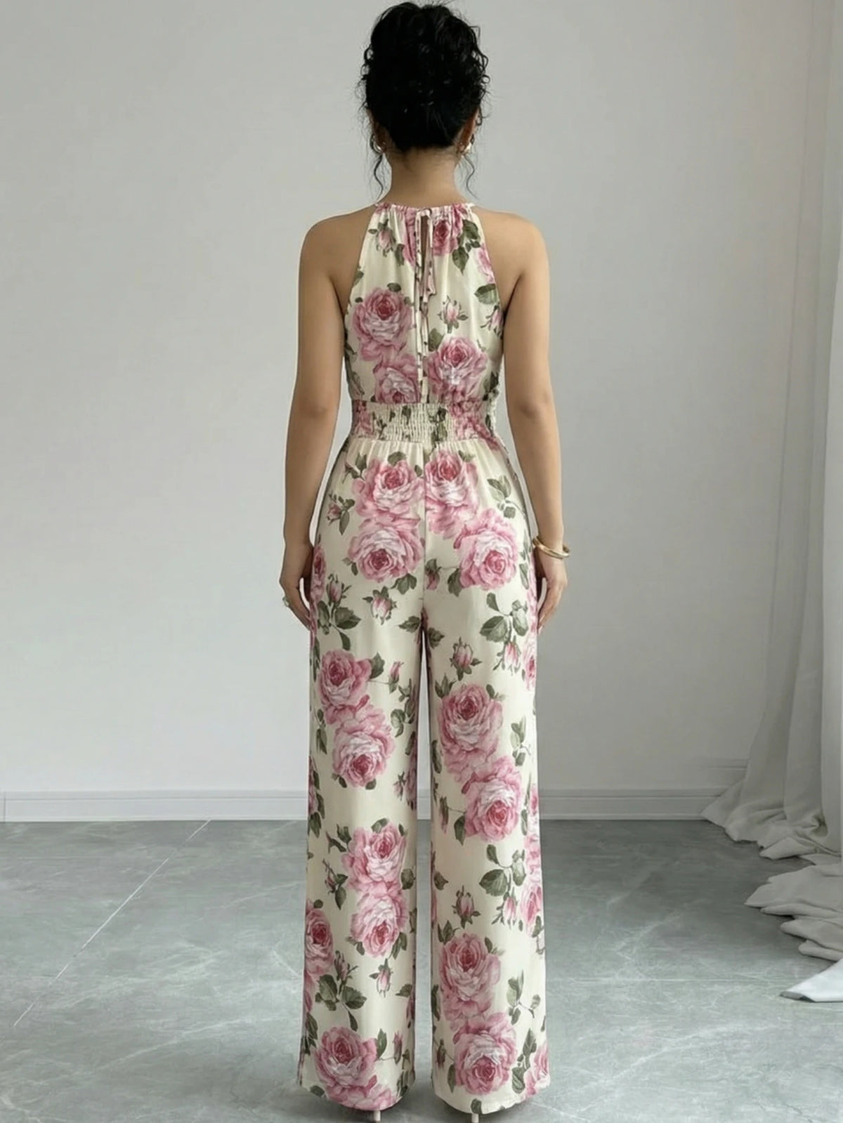 Women Halter Wrap Front Printed Wide Leg Jumpsuit For Casual Streetwear Vacation And Daily Occasion