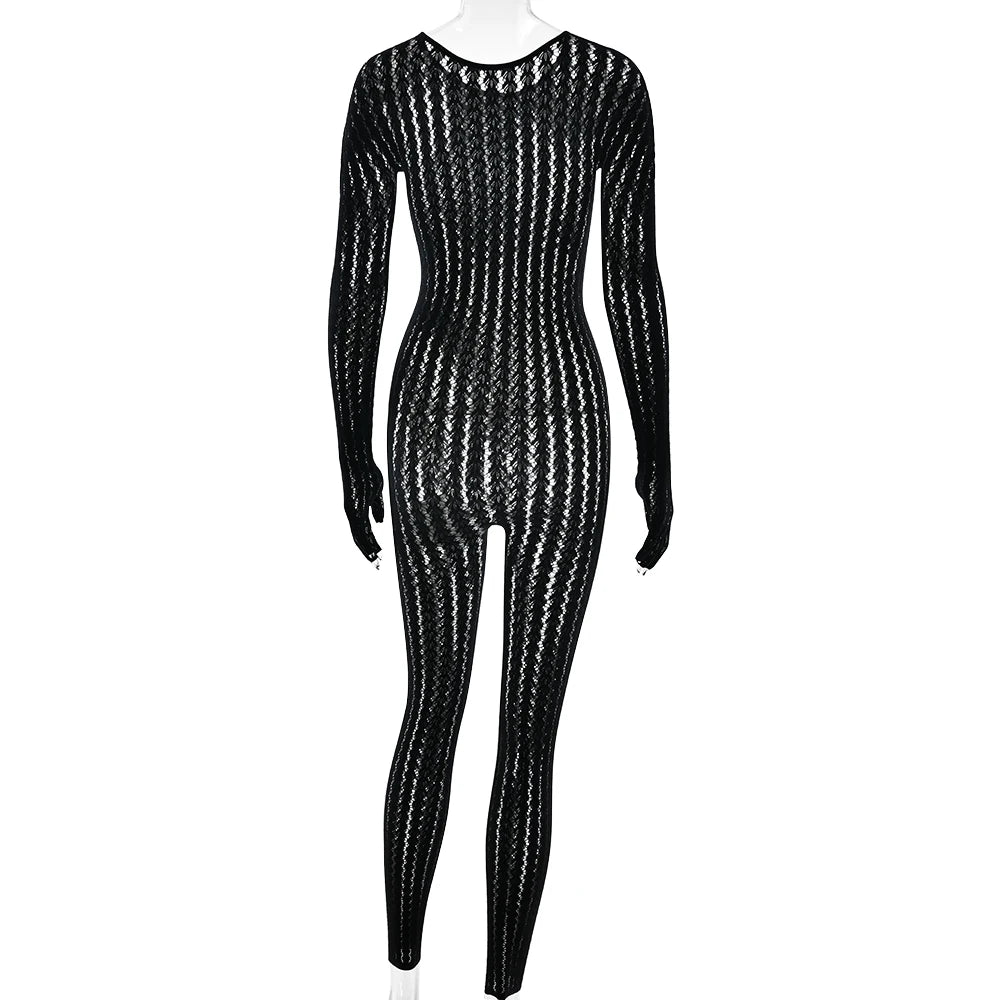 Sibybo Sheer Hollow Out Jumpsuits Women Summer Round Neck Long Sleeve High Stretch One Piece Jumpsuit Rompers Thin Sexy Overalls