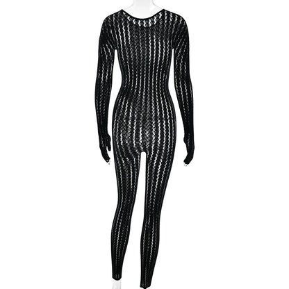 Sibybo Sheer Hollow Out Jumpsuits Women Summer Round Neck Long Sleeve High Stretch One Piece Jumpsuit Rompers Thin Sexy Overalls