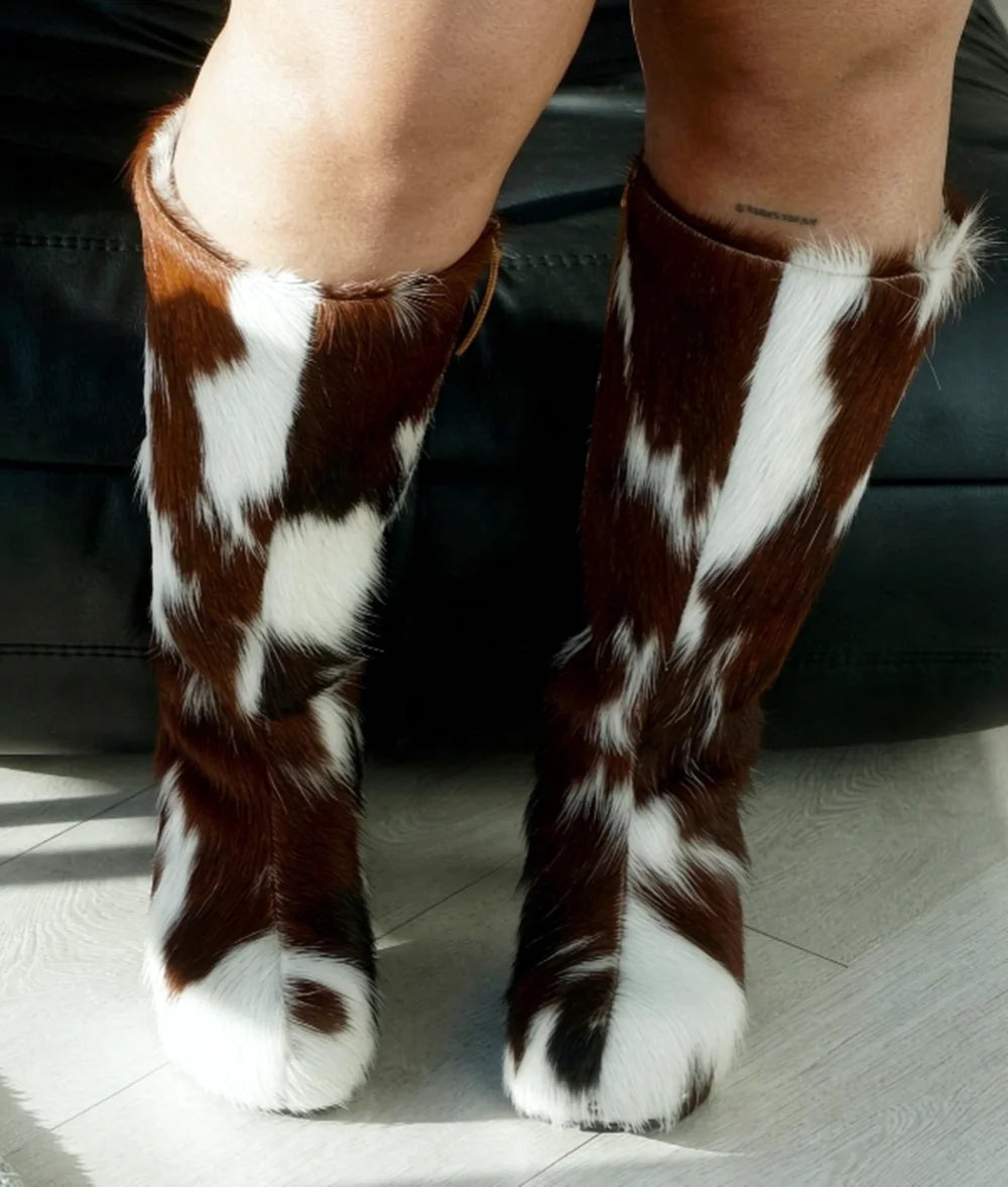 Western Style Side Zip Closure Print Tall Boots Brown White Cow Knee High Boots Metal Rivets Round-Toe Height-Increasing Design