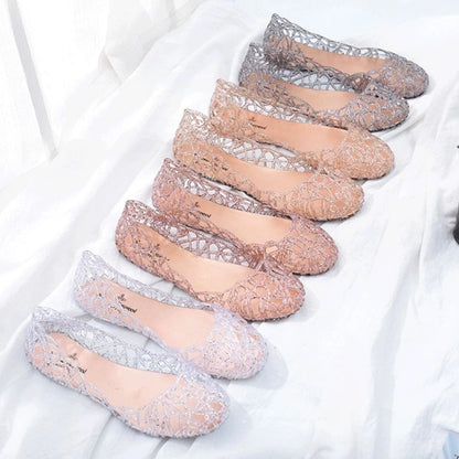 Comfortable Flat-soled Women Sandals Clear Shallow Mouth Beach Jelly Shoes Breathable Hollow Out Bling Sandals Footwear