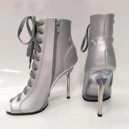 Pink 12cm high-heeled shoes,Twisted buttocks dance modeling performances 5 inch transparent soles sexy Fetish short Ankle Boots