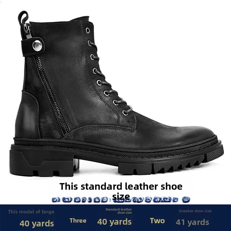 Round Head Casual Combat Boots Thick-soled High Boots Men's High Top Leather shoe Zipper Leather Boots motorcycle boots men