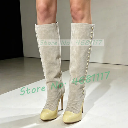 Beige Suede Yellow Leather Patchwork Boots Women Elegant Round Toe Button Decor Knee High Heels Streetwear Side Zipper Boots
