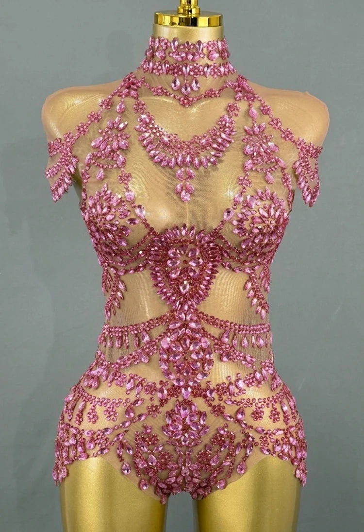 Sparkly Rhinestones Bodysuit for Women Sexy Mesh Transparent Performance Dance Costume Singer Dancer Show Stage Wear