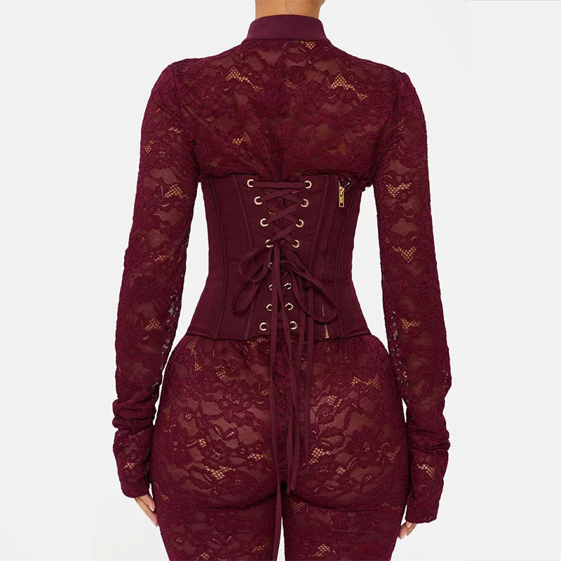 FAGADOER Sexy Lace See Through Corset Jumpsuit Women Hollowed-out Long Sleeve Bodycon Capri Pants Clubwear Night Party Outfit