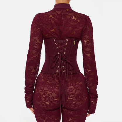 FAGADOER Sexy Lace See Through Corset Jumpsuit Women Hollowed-out Long Sleeve Bodycon Capri Pants Clubwear Night Party Outfit