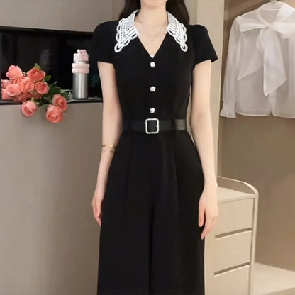 Long Women's Rompers Lazy Style Slimming Short Sleeved Jumpsuit For Women 2024 Summer New Fashion French V-neck Versatile trend