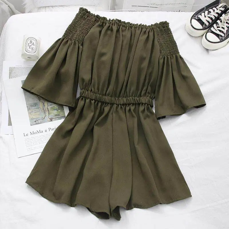 Women's Casual Summer Beach Romper Olive Green Off The Shoulder Lace Up Short Sleeve Elastic Waist Playsuit