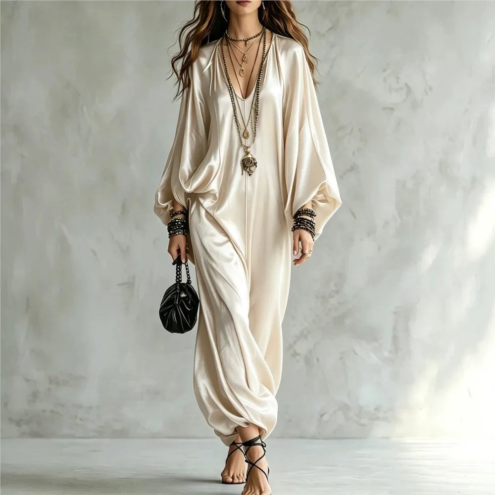 New Spring Autumn Solid V Neck Batwing Sleeve Loose Jumpsuit Women Fashion Satin Wide Leg Pants Jumpsuits Casual Holiday Rompers