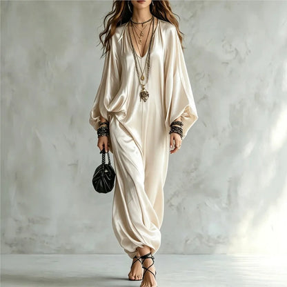 New Spring Autumn Solid V Neck Batwing Sleeve Loose Jumpsuit Women Fashion Satin Wide Leg Pants Jumpsuits Casual Holiday Rompers