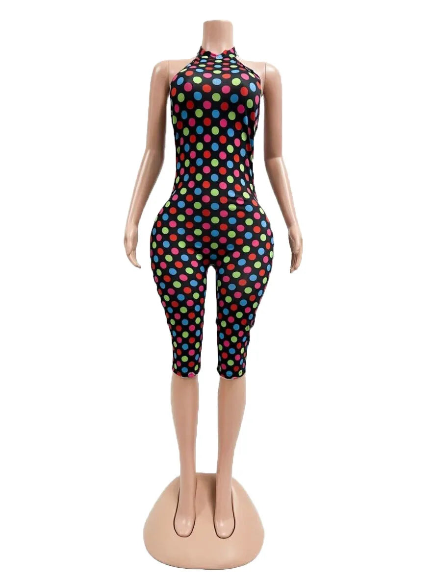 European and American New Style Women's Clothing Spring and Summer Polka Dot Print Elastic Halter Neck Backless Slim Fit Jumpsuit Women's Jumpsuit