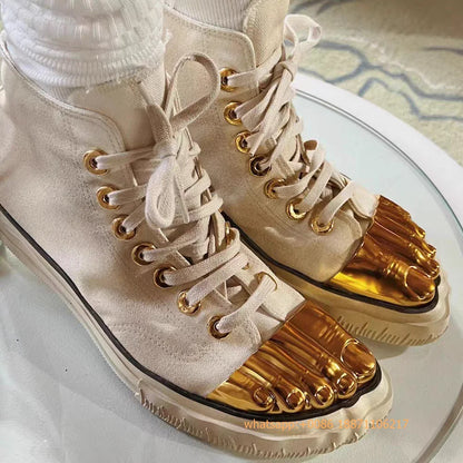 Golden Five Fingers Catwalk Ladies Shoes 2024 Summer New Sexy Street Thick Sole Sports Casual Pumps Model Party Lace Up Sneakers