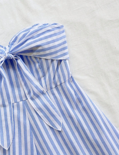 Women's Spring/Summer Cruise Vacation Blue Striped Front Waiver Loose Jumpsuit, Suitable for Party, Date, Afternoon Tea
