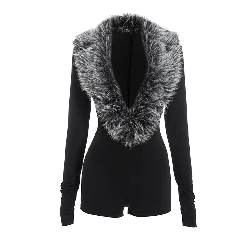 Weird Puss Luxury Fur Deep V Collar Romper Women Full Sleeve Sexy Skinny Fitness Activity Streetwear Hipster Workout Playsuit