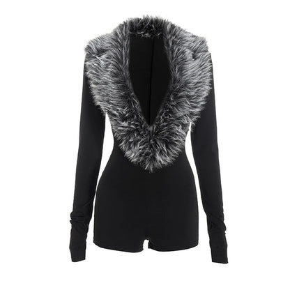 Weird Puss Luxury Fur Deep V Collar Romper Women Full Sleeve Sexy Skinny Fitness Activity Streetwear Hipster Workout Playsuit
