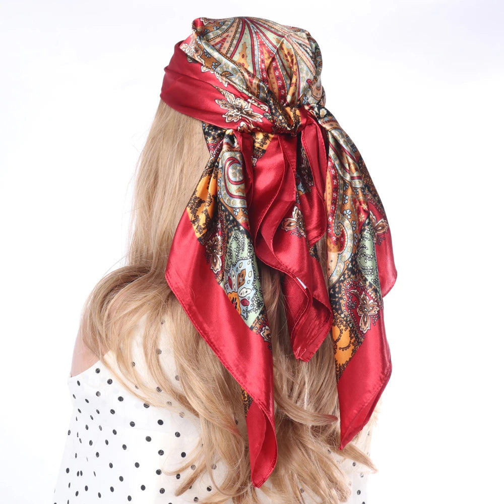 New 90*90cm Retro Brand Women Silk Scarf Bandanna Fashion Bohemian Pattern Square Hijab Lady Wrap Headband Foulard Muffler