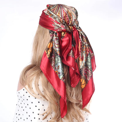 New 90*90cm Retro Brand Women Silk Scarf Bandanna Fashion Bohemian Pattern Square Hijab Lady Wrap Headband Foulard Muffler