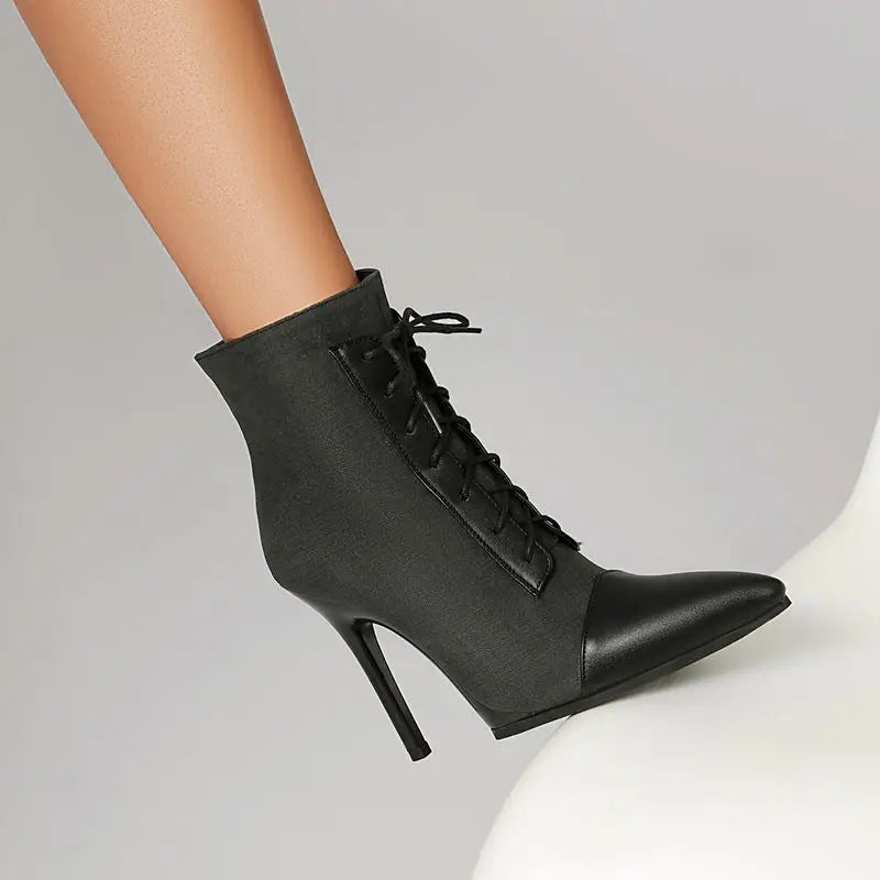ANOVISHANA Elegant Fmeale Ankle Boots Pointed Toe 11cm Thin High Heels Zipper Lace Up Mixed Color Large Size 40 41 Short Autumn
