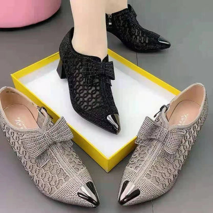 Women's Pointed Toe Sandals Luxury Breathable Mesh Bowknot Rhinestone Clear Elegant Mid-Heeled Simple Pump Shoes Mesh Sandals