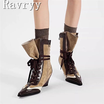 Niche Design Pointed Toe Colorblock Short Boots Fashion Women's Wedge Heel Lace Up Sporty Boxing Boots