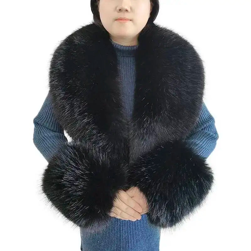 Large Women Faux Fox Fur Scarf Winter Jackets Warm Fluffy Shawl Fashion Artificial Fur Collar And Cuff Set Fluffy Scarves Female