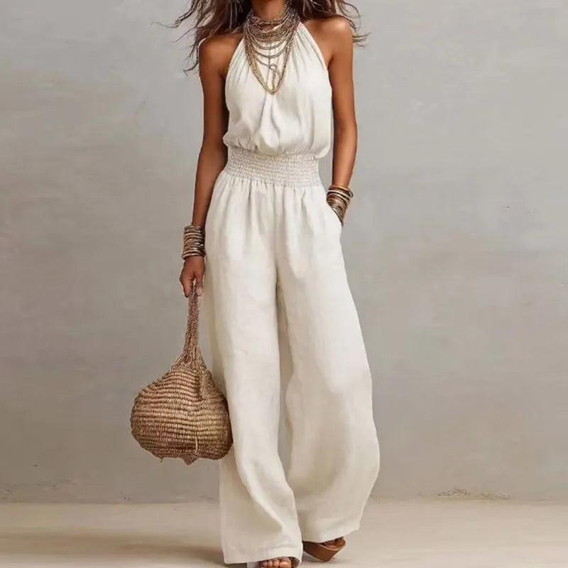 Spring Summer Solid High Waist Woman Jumpsuits Elegant Halter Tie-up Backless Rompers Casual Sleeveless Wide Leg Pocket Overalls