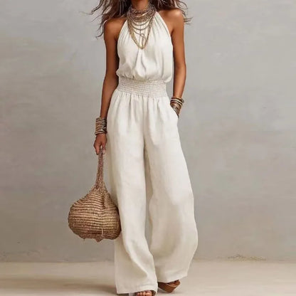 Spring Summer Solid High Waist Woman Jumpsuits Elegant Halter Tie-up Backless Rompers Casual Sleeveless Wide Leg Pocket Overalls