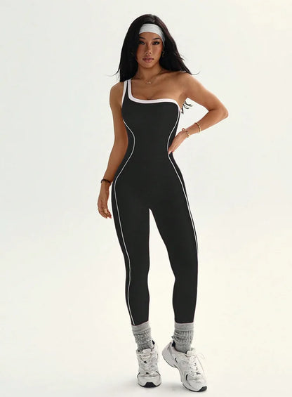 Women Sports One Shoulder Jumpsuits Tracksuits Yoga Pants Bodysuits Line Workout Fitness Gym Training Athletic Tights Suits