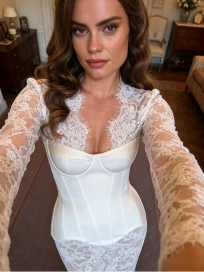 Elegant White Lace Corset Dress For Women Chic Bustier Top Long Sleeve Sheer Lace Maxi Gown 2026 New Lady Date Party Vestidos