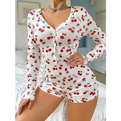 Summer Pajamas Onesies Women's Sexy Bodysuit Casual Cherry Print V-neck Front Button Long Sleeve Slim Fit Jumpsuit Sleepwear