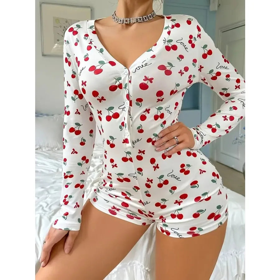Summer Pajamas Onesies Women's Sexy Bodysuit Casual Cherry Print V-neck Front Button Long Sleeve Slim Fit Jumpsuit Sleepwear